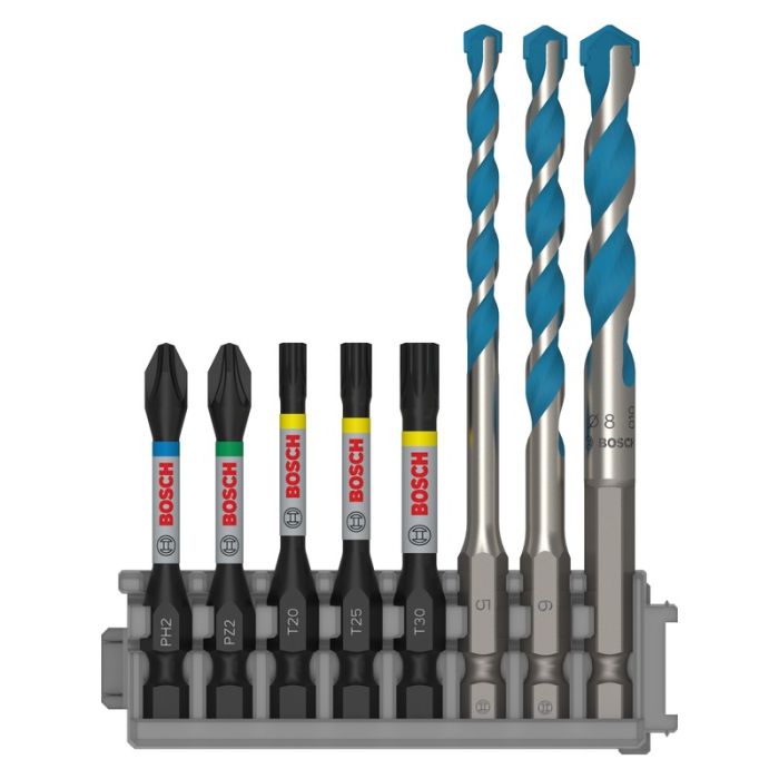 Bosch - Set 3 burghie HEX-9 MultiConstruction, 5/6/8mm + 5 biti Impact Power, PH2, PZ2, T20, T25, T30, 50mm [2608577144]