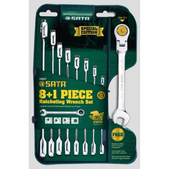 Sata - Set chei combinate cu clichet si cap flexibil 8-19mm, 9 piese [SA08027]