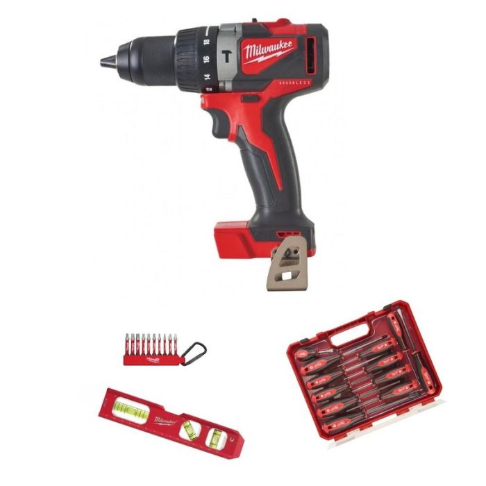 Masina de gaurit si insurubat cu percutie Milwaukee M18 BLPD2-0, 18V, fara acumulator + nivela cu bula, set surubelnite, set biti