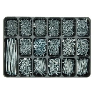 Cutie de asamblare 17 compartimente, E-NORM 1 sortiment suruburi pentru PAL, cap inecat, Schlitz, PZD, albastru zincat, E-NORM