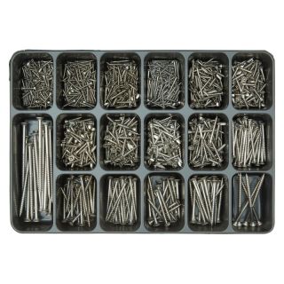 Cutie de asamblare 17 compartimente, E-NORM 6 sortiment suruburi pentru PAL, cap inecat, Schlitz, PZD, otel inoxidabil A2, E-NORM