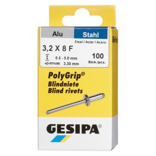 Mini-Pack nituri oarbe PolyGrip Al/otel, cap plat rotund, 3.2x8mm, 100 buc, 1433846, GESIPA
