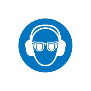Semn obligativitate purtare echipament de protectie pentru ochi si urechi, Ø 50 mm, folie autoadeziva, 6 buc, SAFETY MARKING