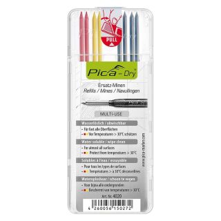 Mine de rezerva pentru marker gauri adanci Dry, Ø 2.8mm, solubil, grafit, rosu, alb, 8 buc, PICA