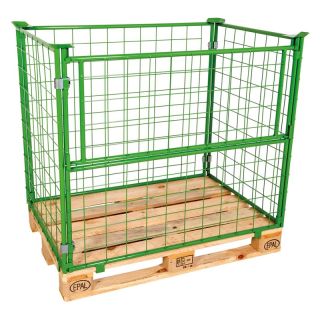 Boxpalet cu cadru verde, 800 x 1200 x 1000 mm, grilaj 100 x 100 x 3.8 mm, portanta 800 kg, capacitate suprapunere 1600 kg