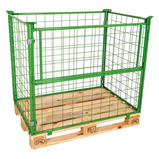 Boxpalet cu cadru verde, 800 x 1200 x 1200 mm, grilaj 100 x 100 x 3.8 mm, portanta 800 kg, capacitate suprapunere 1600 kg