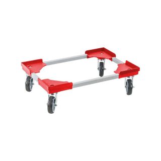 Carucior de transport pentru cutii Euro, 410 x 610 mm, portanta 300 kg, roti Ø 100 mm, rosu, cu podea din otel cu crampoane