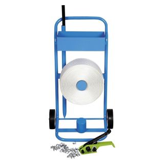 Sistem complet de ambalare cu banda poliester, cu carucior de transport, banda 16 mm, rola 850 m