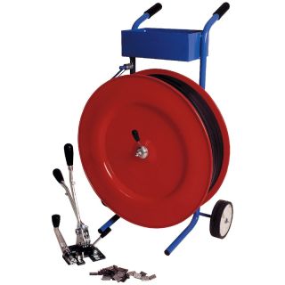 Set de chingi din plastic PP, 13 mm x 3000 m, cu carucior distribuitor, 1650 N